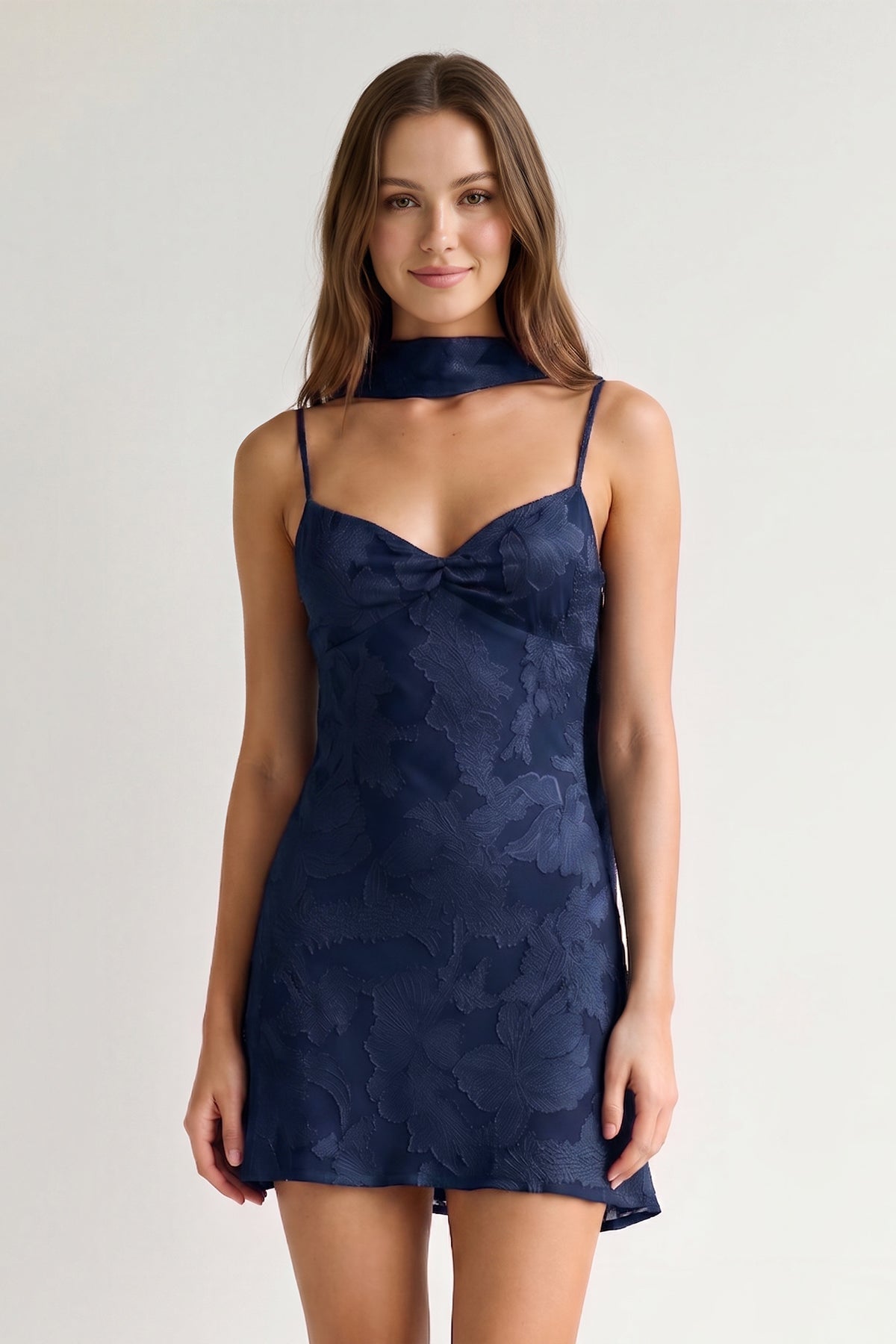 Red Jacquard Chiffon Cami Straps Sheath Homecoming Dress with Scarf