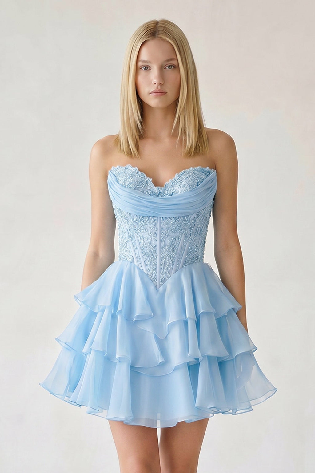 Red Ruffled A-Line Chiffon Sweetheart Corset Homecoming Dress With Beading