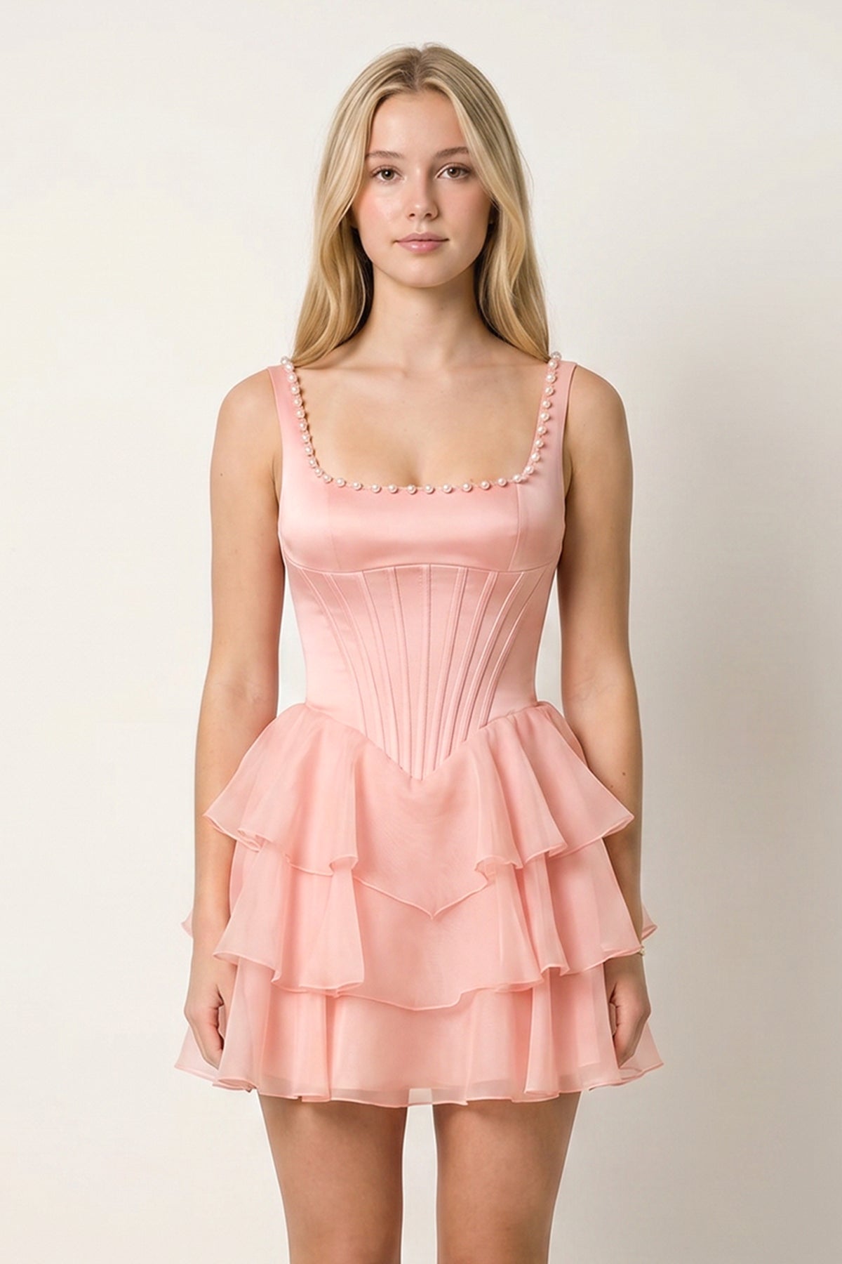 Rose Pink Square Neck Tiered A-Line Corset Satin Homecoming Dress With Pearl