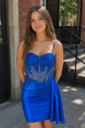 Royal Blue Cami Straps Sheath Satin Corset Appliqued Homecoming Dress