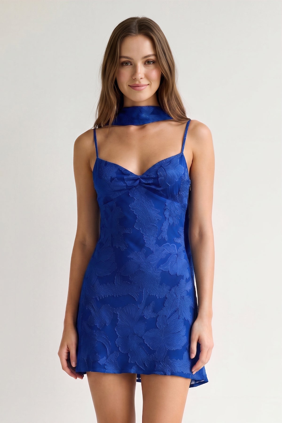 Red Jacquard Chiffon Cami Straps Sheath Homecoming Dress with Scarf