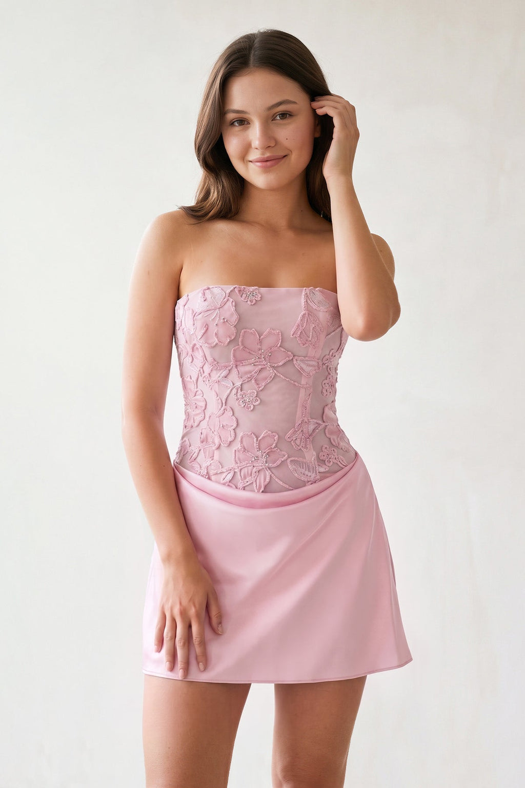 Sky Blue Embroidered A-Line Strapless Satin Homecoming Dress