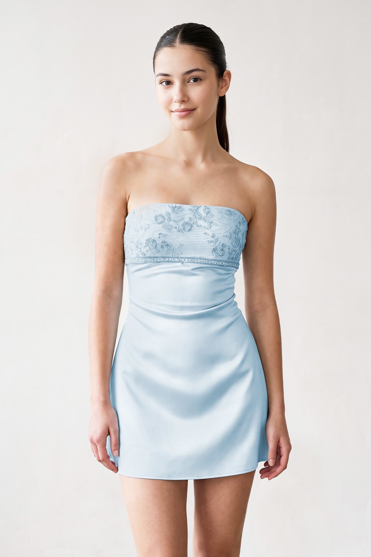 Aqua Strapless Appliqued Satin Sheath Homecoming Dress