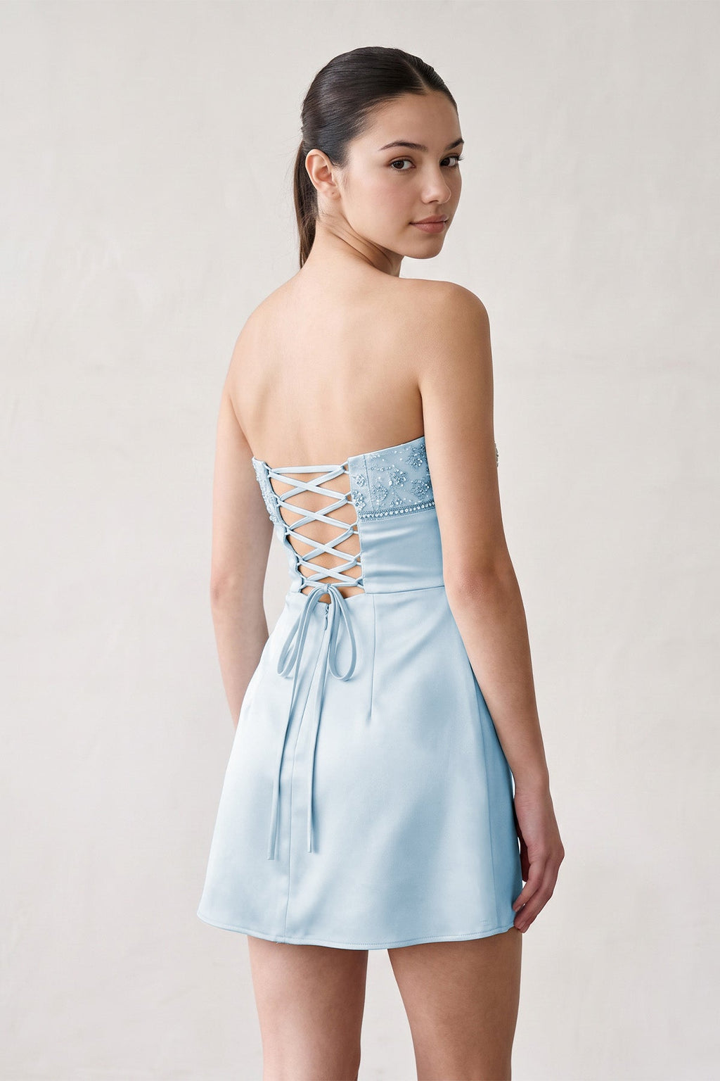Aqua Strapless Appliqued Satin Sheath Homecoming Dress