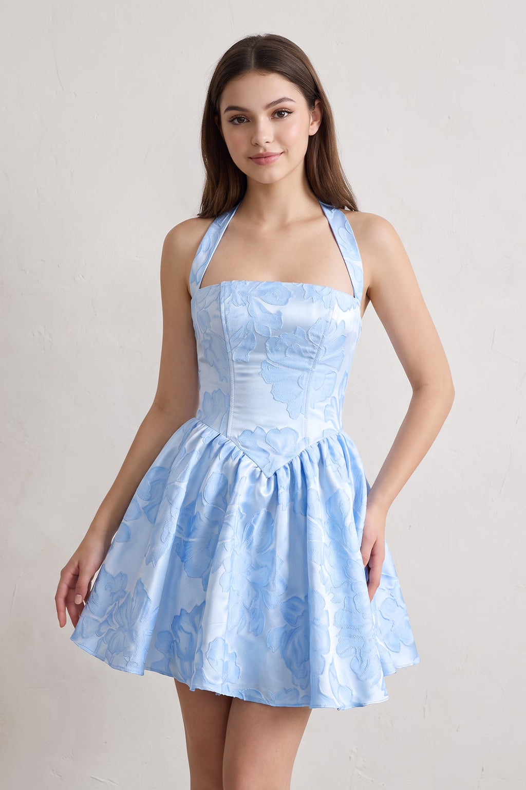 Yellow Halter Jacquard Ruched A-Line Homecoming Dress