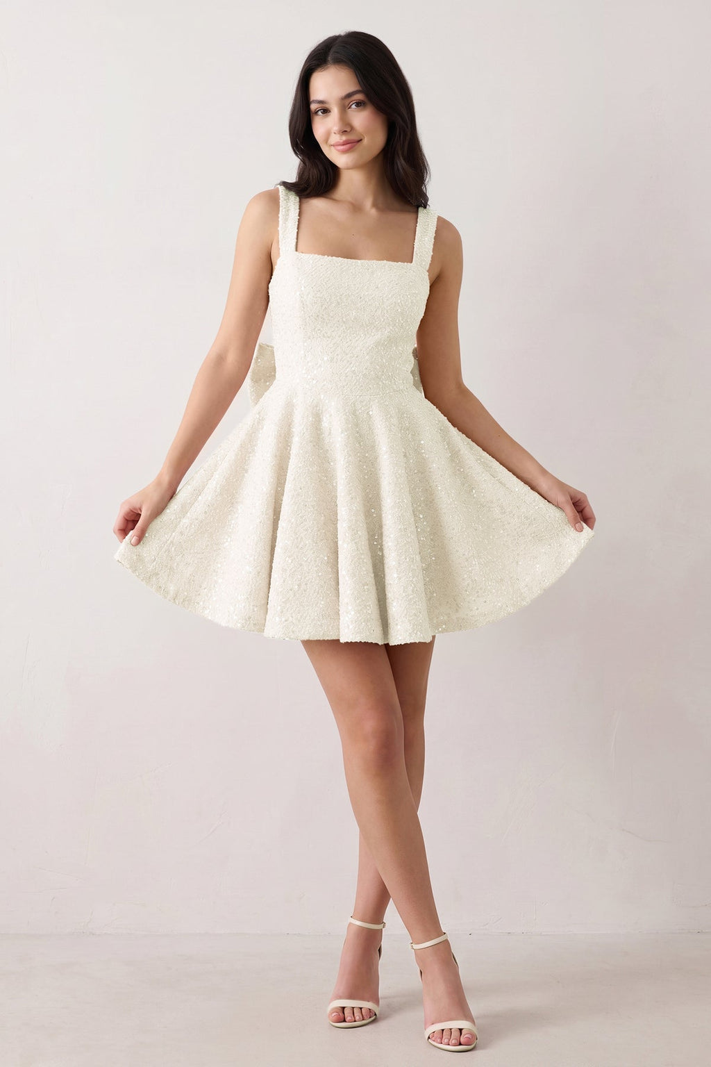 Sparkly Pink Square Neck A-Line Sequin Ruched Homecoming Dress with Bow