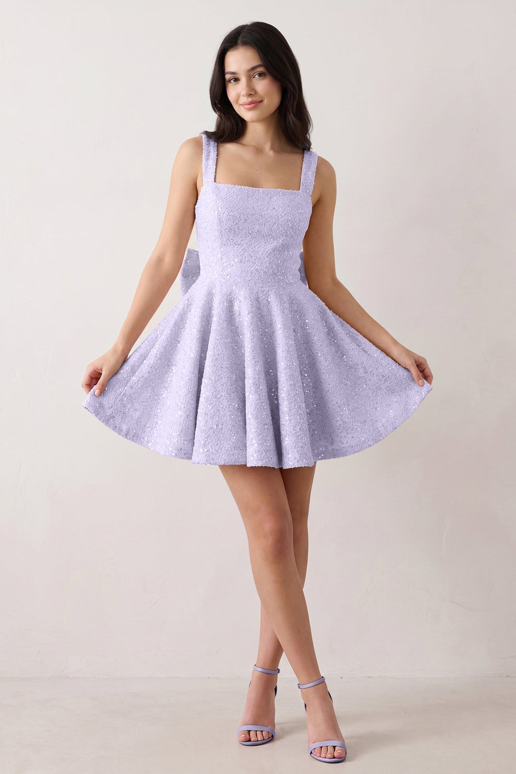 Sparkly Pink Square Neck A-Line Sequin Ruched Homecoming Dress with Bow