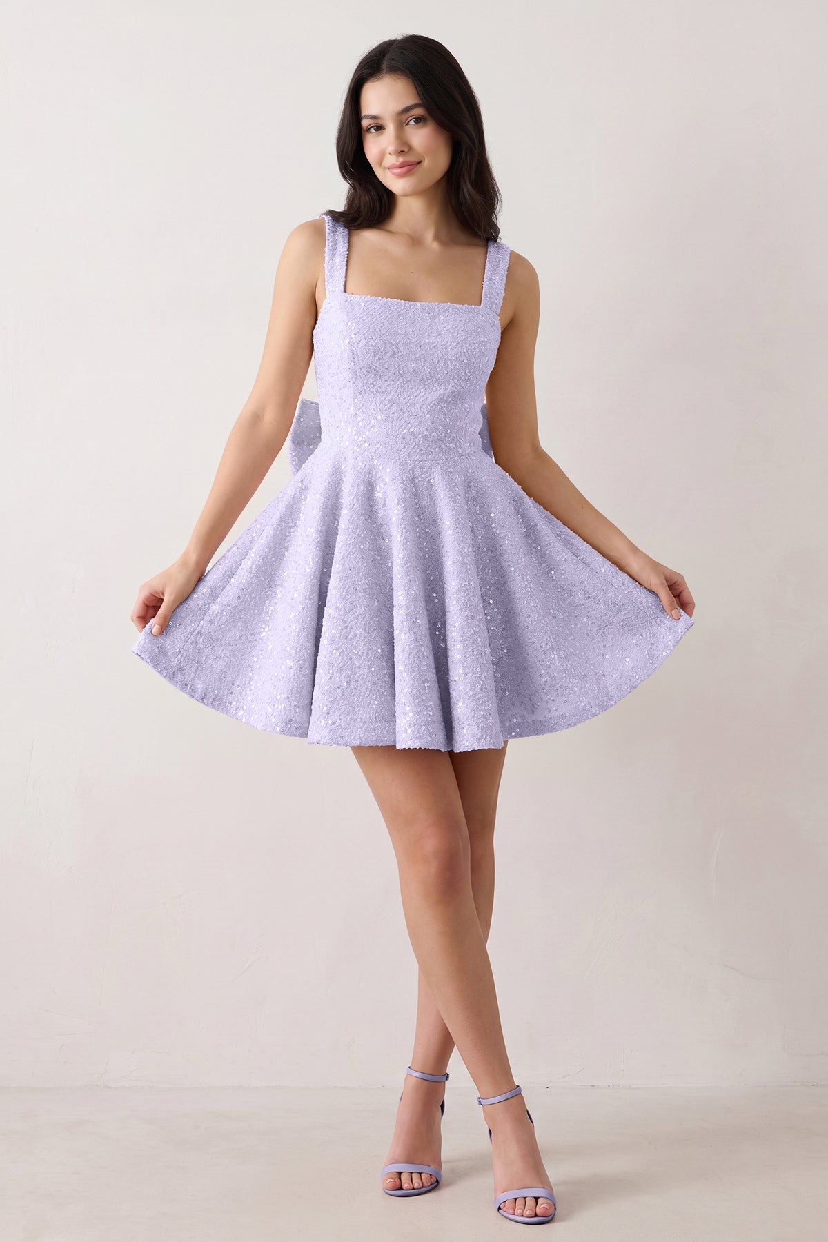 Sparkly Pink Square Neck A-Line Sequin Ruched Homecoming Dress with Bow