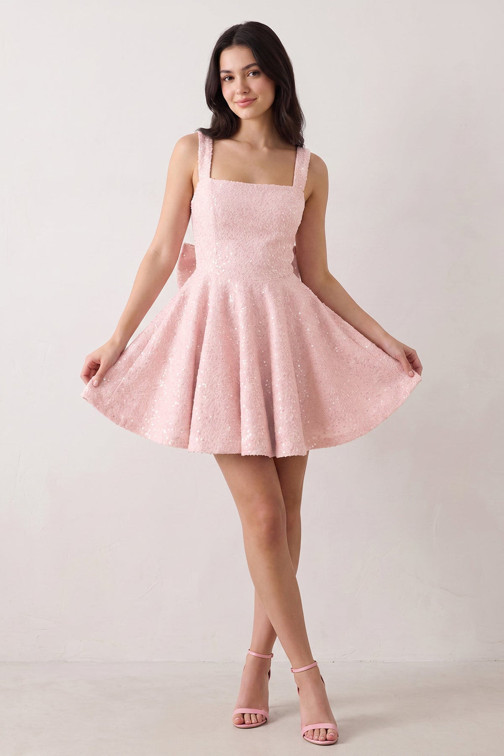 Sparkly Pink Square Neck A-Line Sequin Ruched Homecoming Dress with Bow