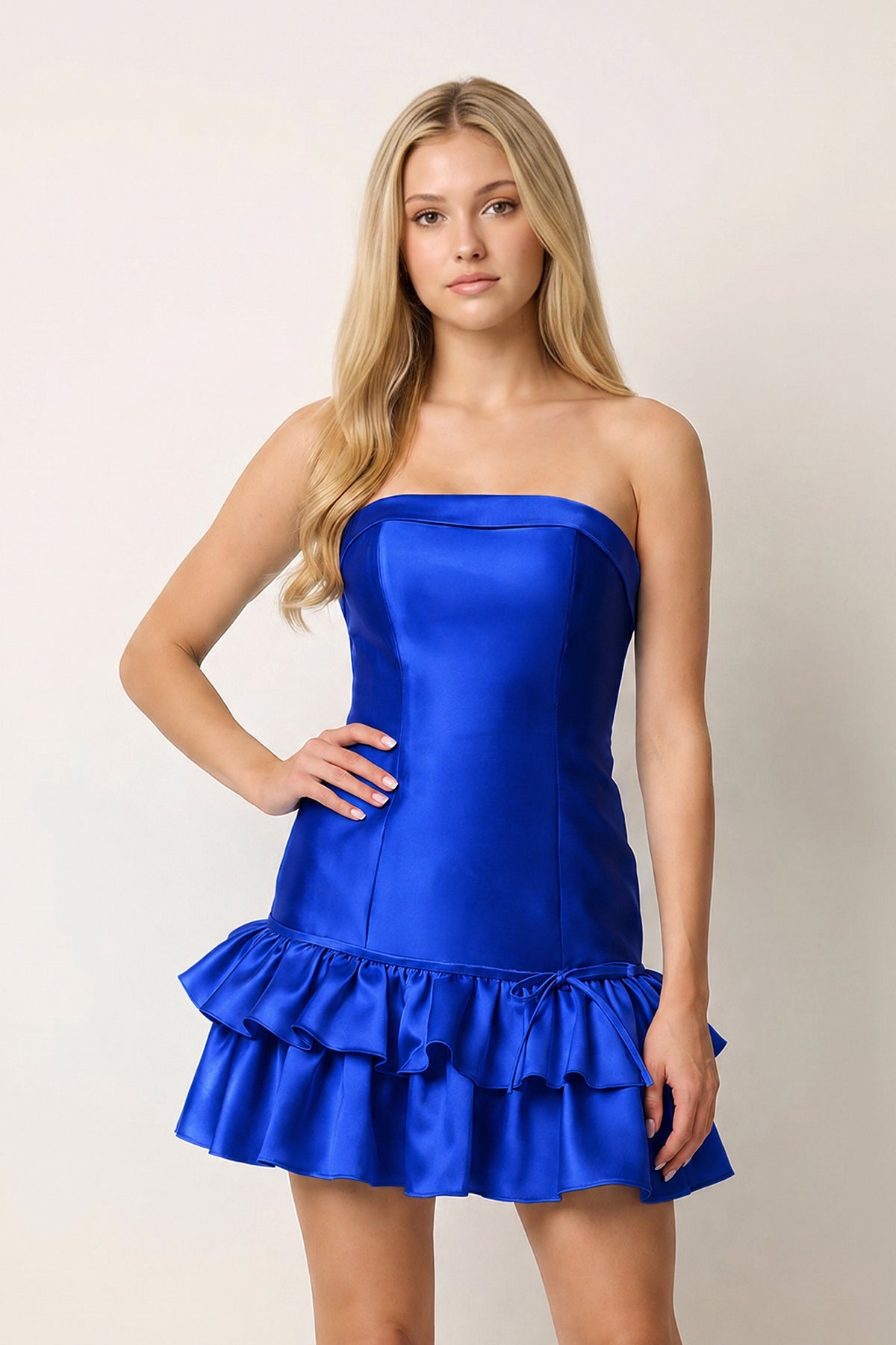 Turquoise Ruffled Strapless Tiered A-Line Satin Homecoming Dress
