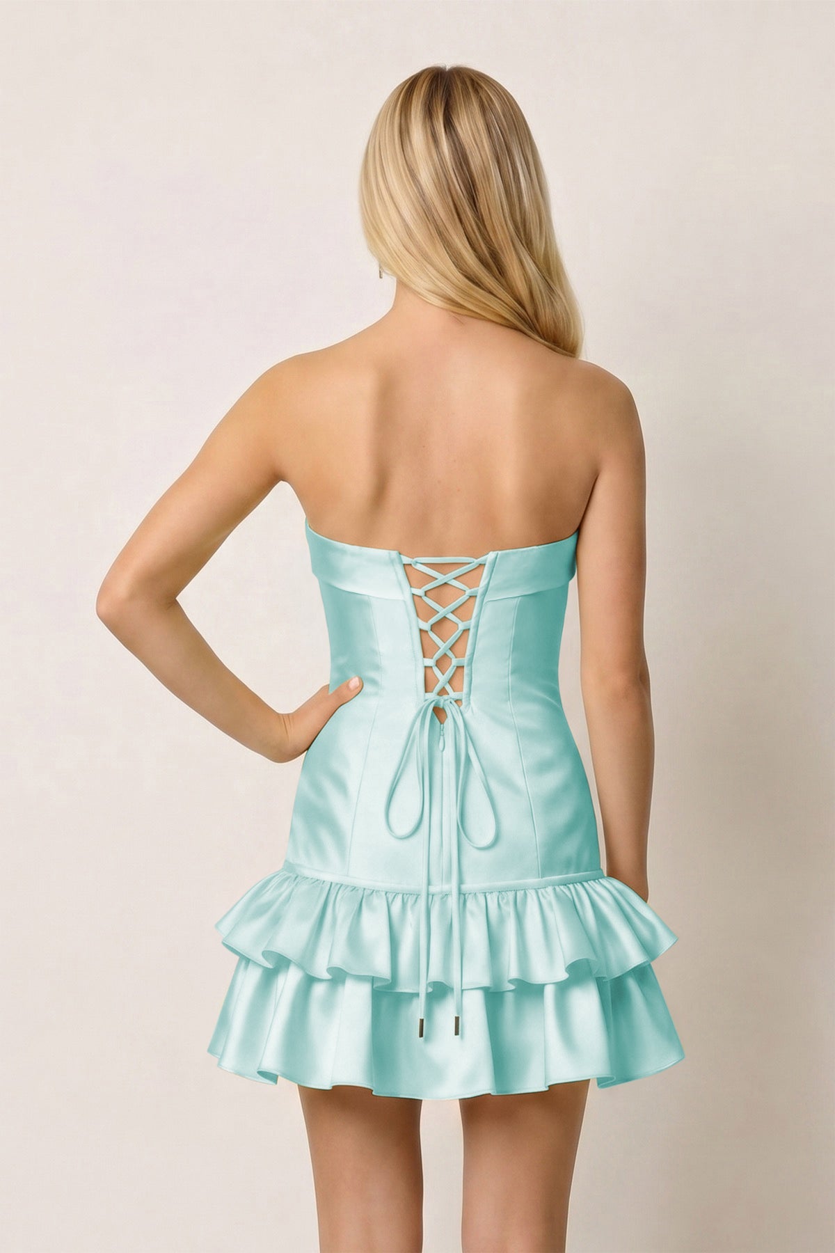 Turquoise Ruffled Strapless Tiered A-Line Satin Homecoming Dress
