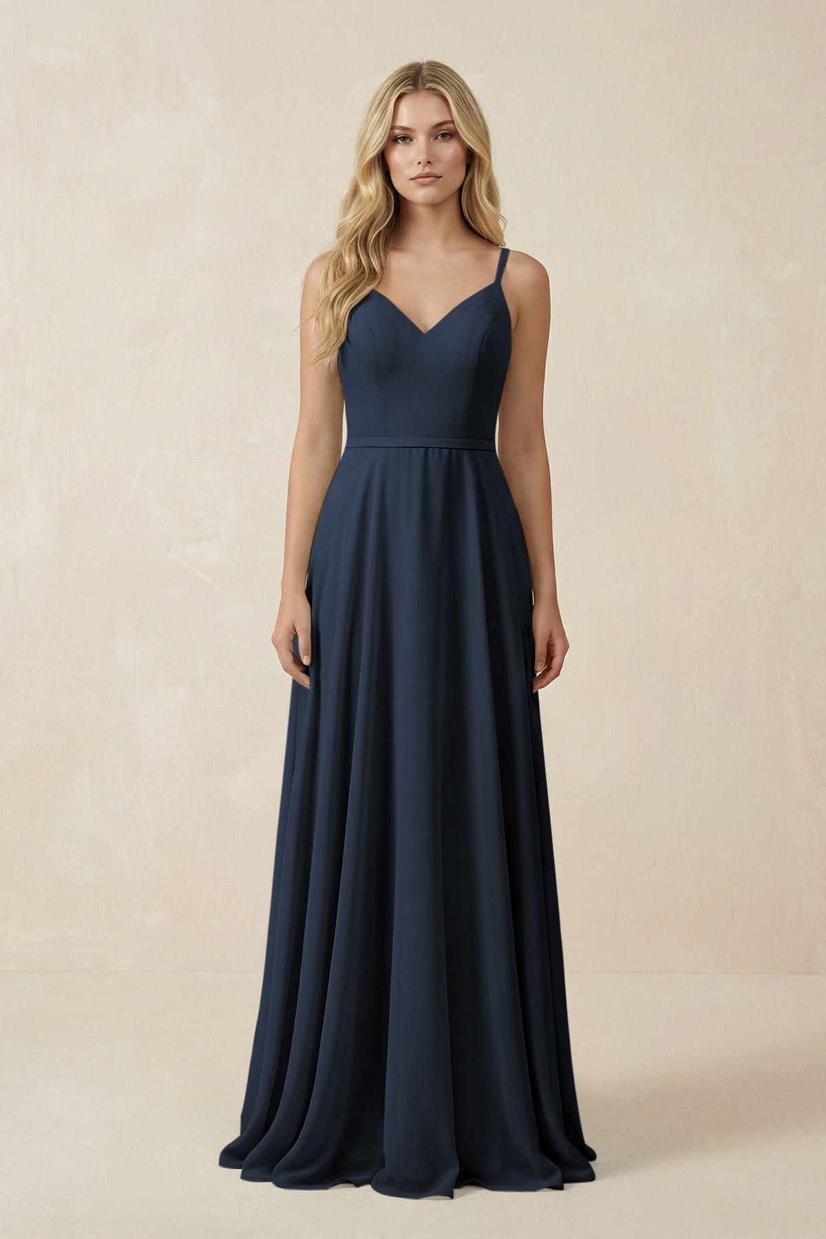 V-Neck A-Line Chiffon Bridesmaid Dress with Crisscross Back in Dark Navy
