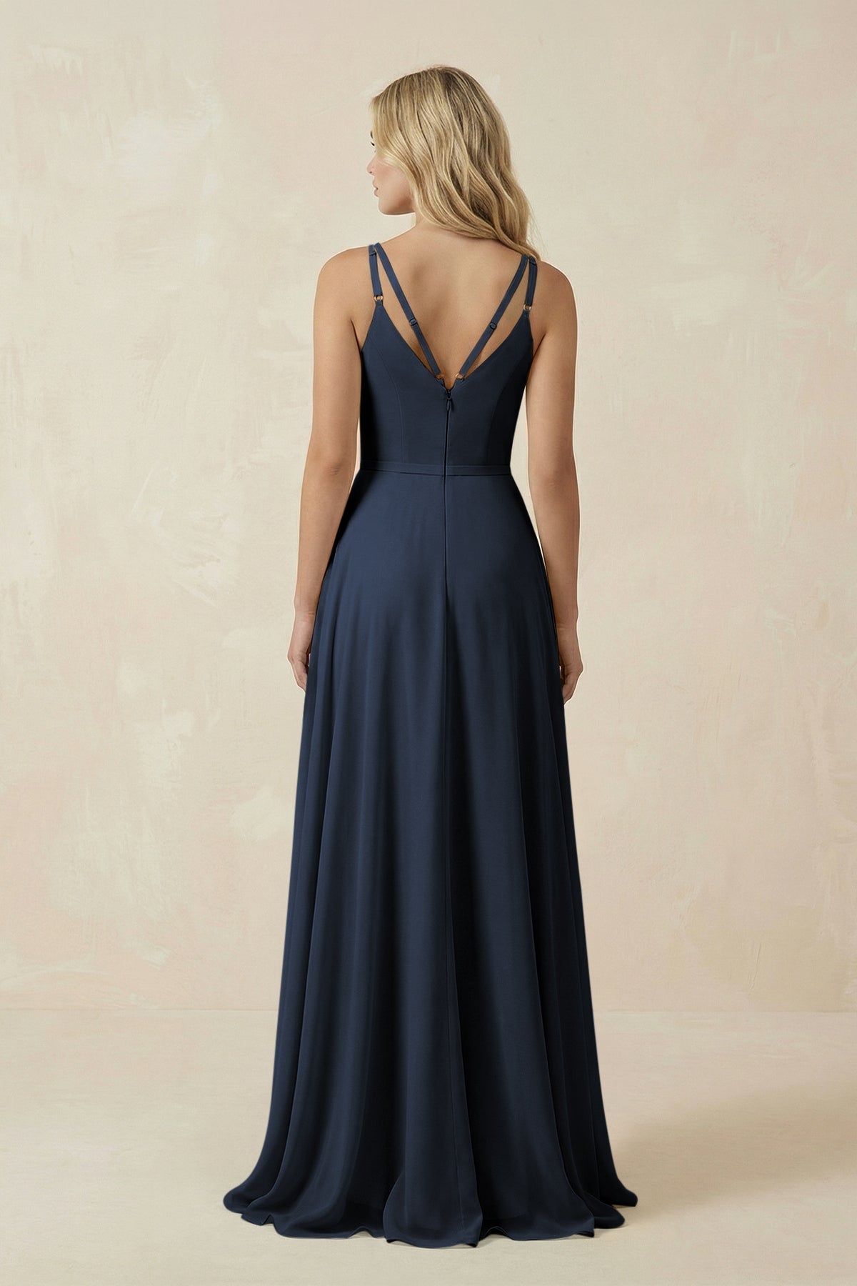 V-Neck A-Line Chiffon Bridesmaid Dress with Crisscross Back in Dark Navy