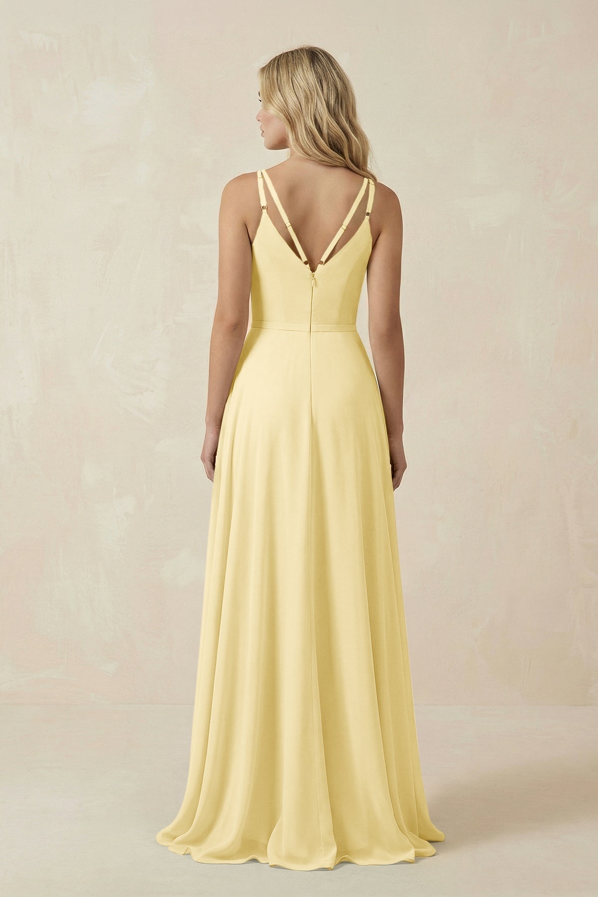 V-Neck A-Line Chiffon Bridesmaid Dress with Crisscross Back in Pastel Yellow
