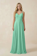V-Neck A-Line Chiffon Bridesmaid Dress with Crisscross Back in Turquoise