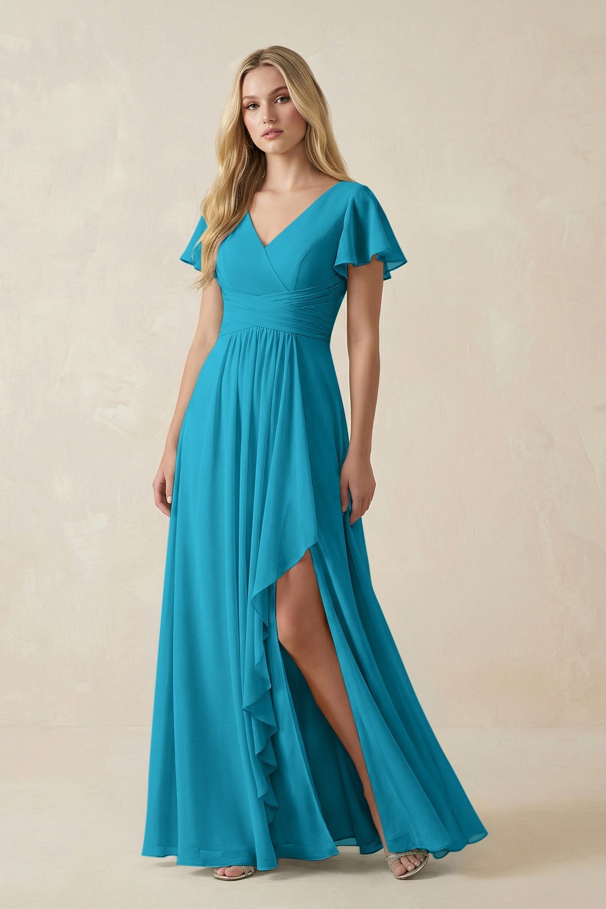 V-Neck Flutter Sleeve A-Line Chiffon Bridesmaid Dress in Blue Jay
