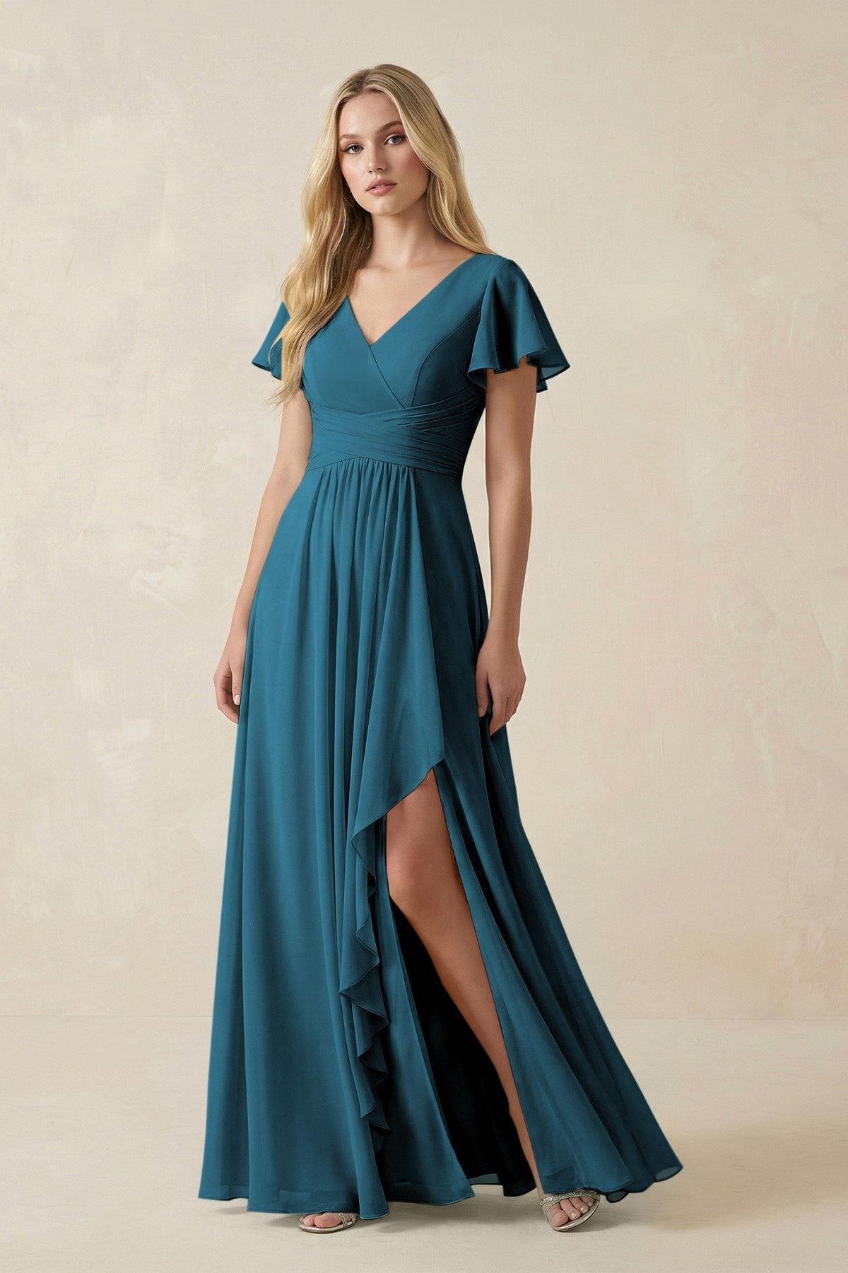 V-Neck Flutter Sleeve A-Line Chiffon Bridesmaid Dress in Dark Teal