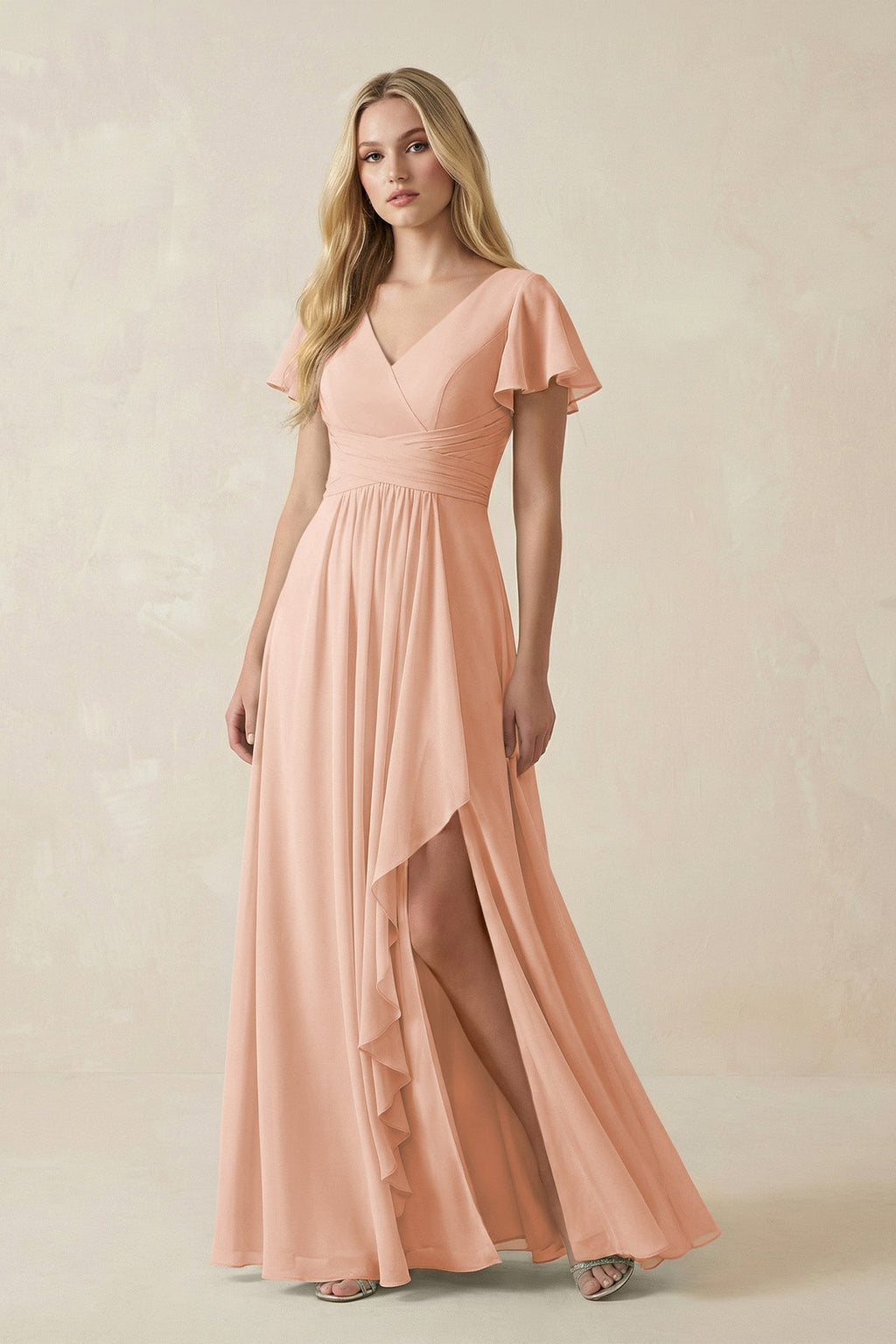 V-Neck Flutter Sleeve A-Line Chiffon Bridesmaid Dress in English Rose