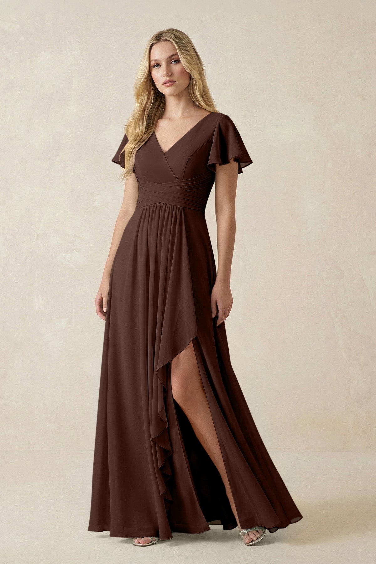 V-Neck Flutter Sleeve A-Line Chiffon Bridesmaid Dress in Espresso