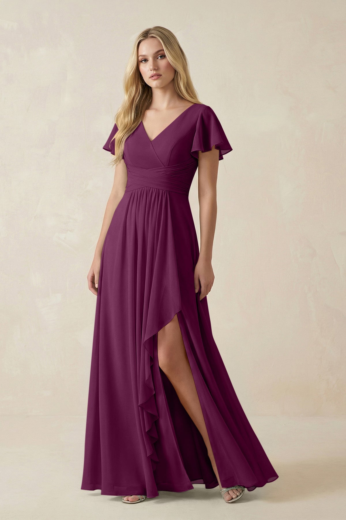V-Neck Flutter Sleeve A-Line Chiffon Bridesmaid Dress in Fig