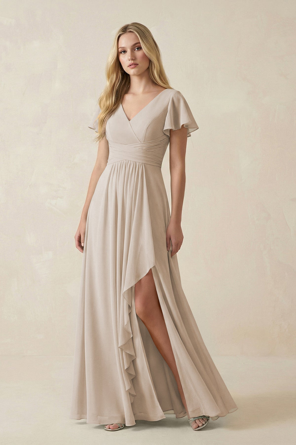 V-Neck Flutter Sleeve A-Line Chiffon Bridesmaid Dress in Frost