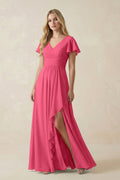 V-Neck Flutter Sleeve A-Line Chiffon Bridesmaid Dress in Fuchsia