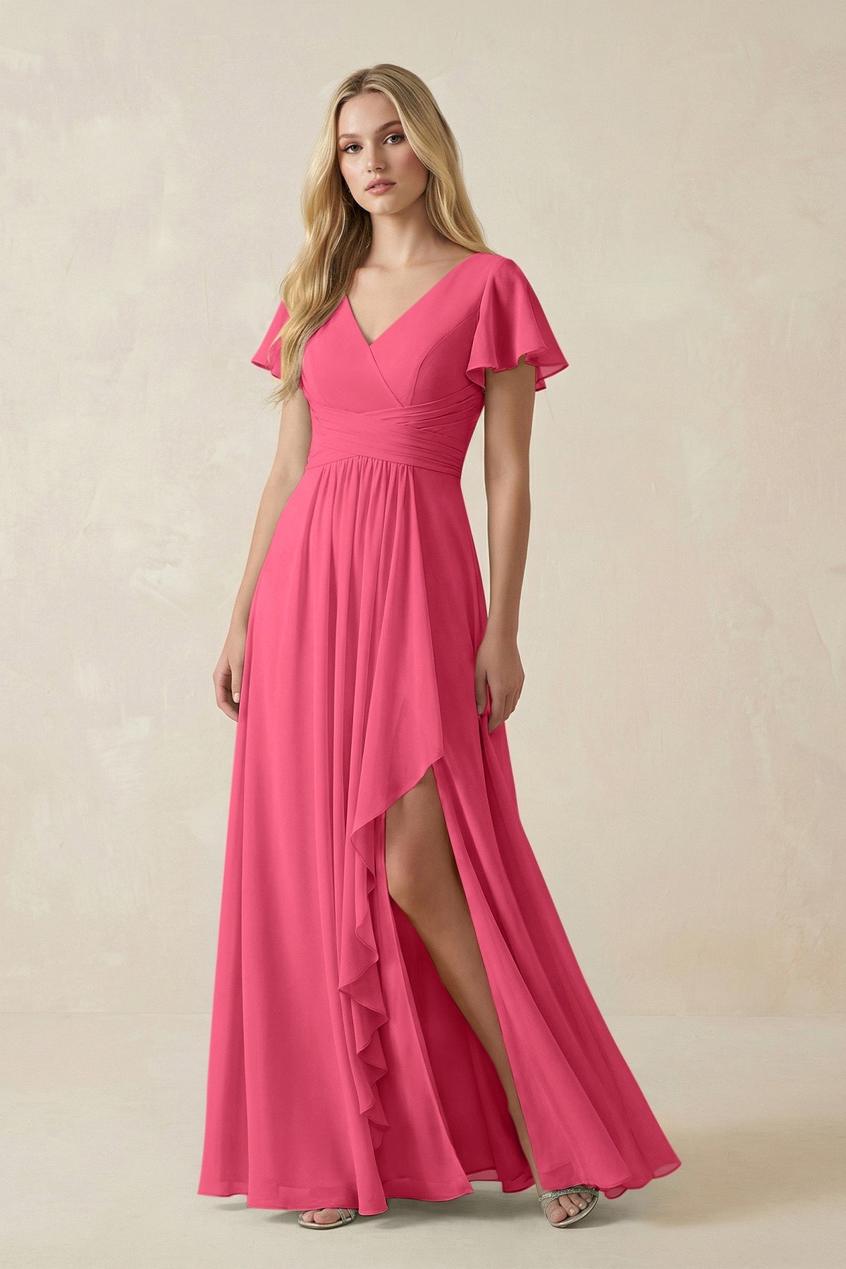 V-Neck Flutter Sleeve A-Line Chiffon Bridesmaid Dress in Fuchsia