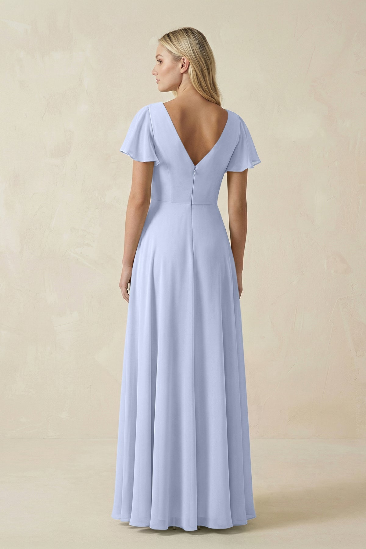 V-Neck Flutter Sleeve A-Line Chiffon Bridesmaid Dress in Ice