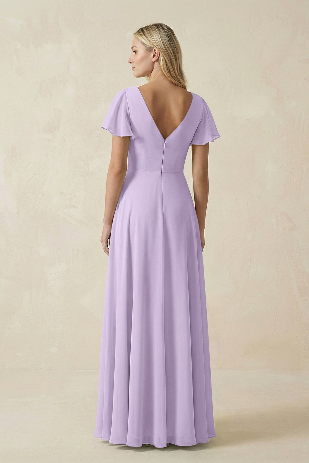 V-Neck Flutter Sleeve A-Line Chiffon Bridesmaid Dress in Lavender