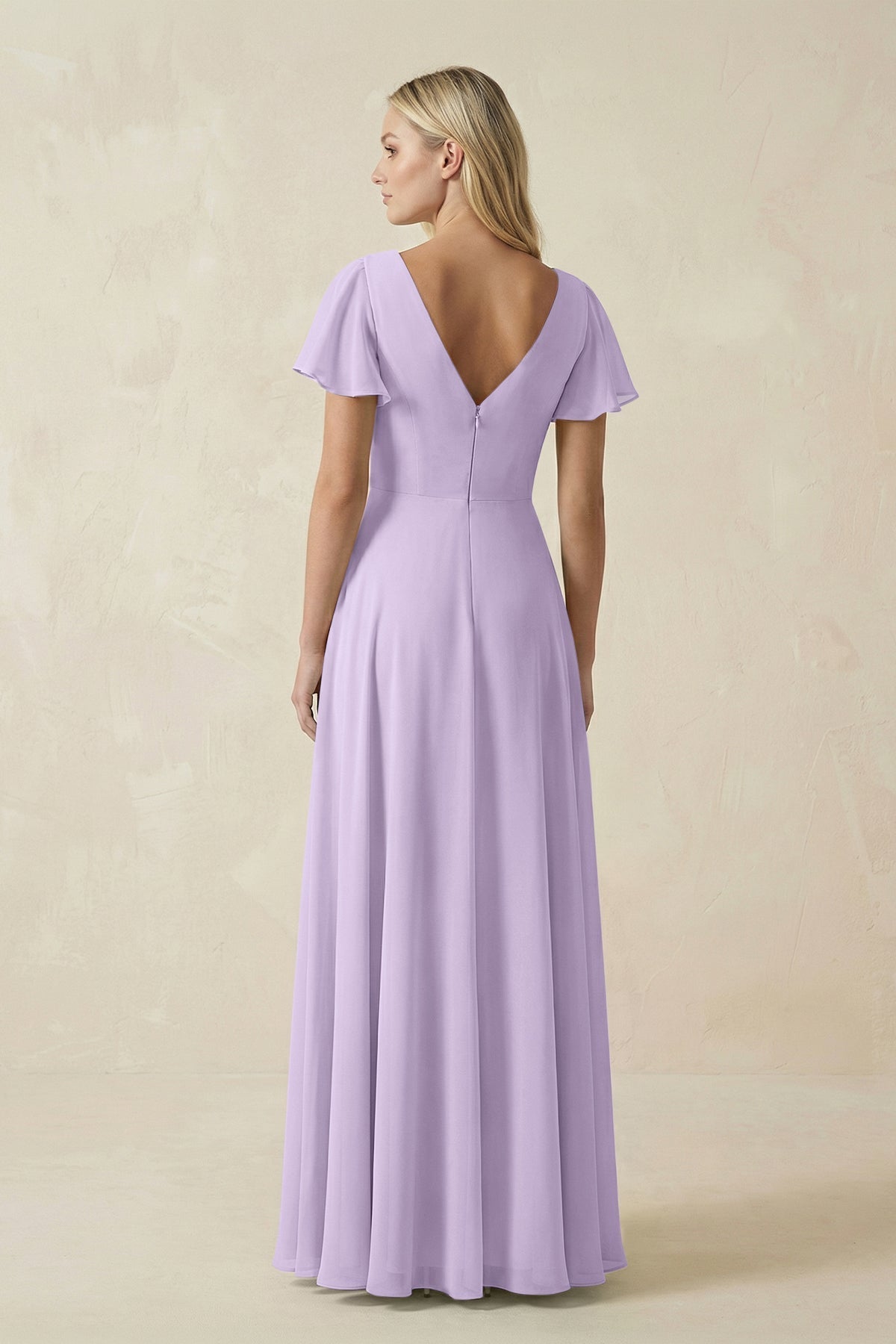 V-Neck Flutter Sleeve A-Line Chiffon Bridesmaid Dress in Lavender