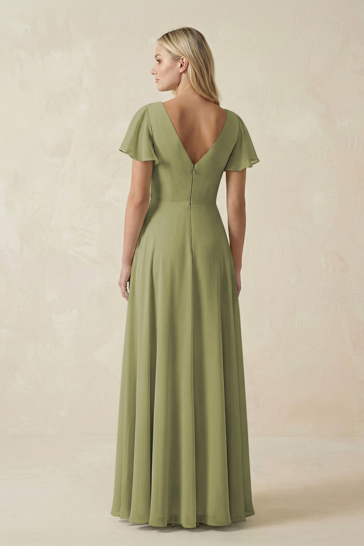V-Neck Flutter Sleeve A-Line Chiffon Bridesmaid Dress in Moss Green