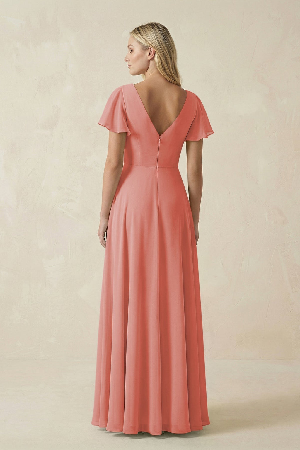 V-Neck Flutter Sleeve A-Line Chiffon Bridesmaid Dress in Mulberry