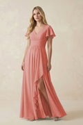 V-Neck Flutter Sleeve A-Line Chiffon Bridesmaid Dress in Mulberry