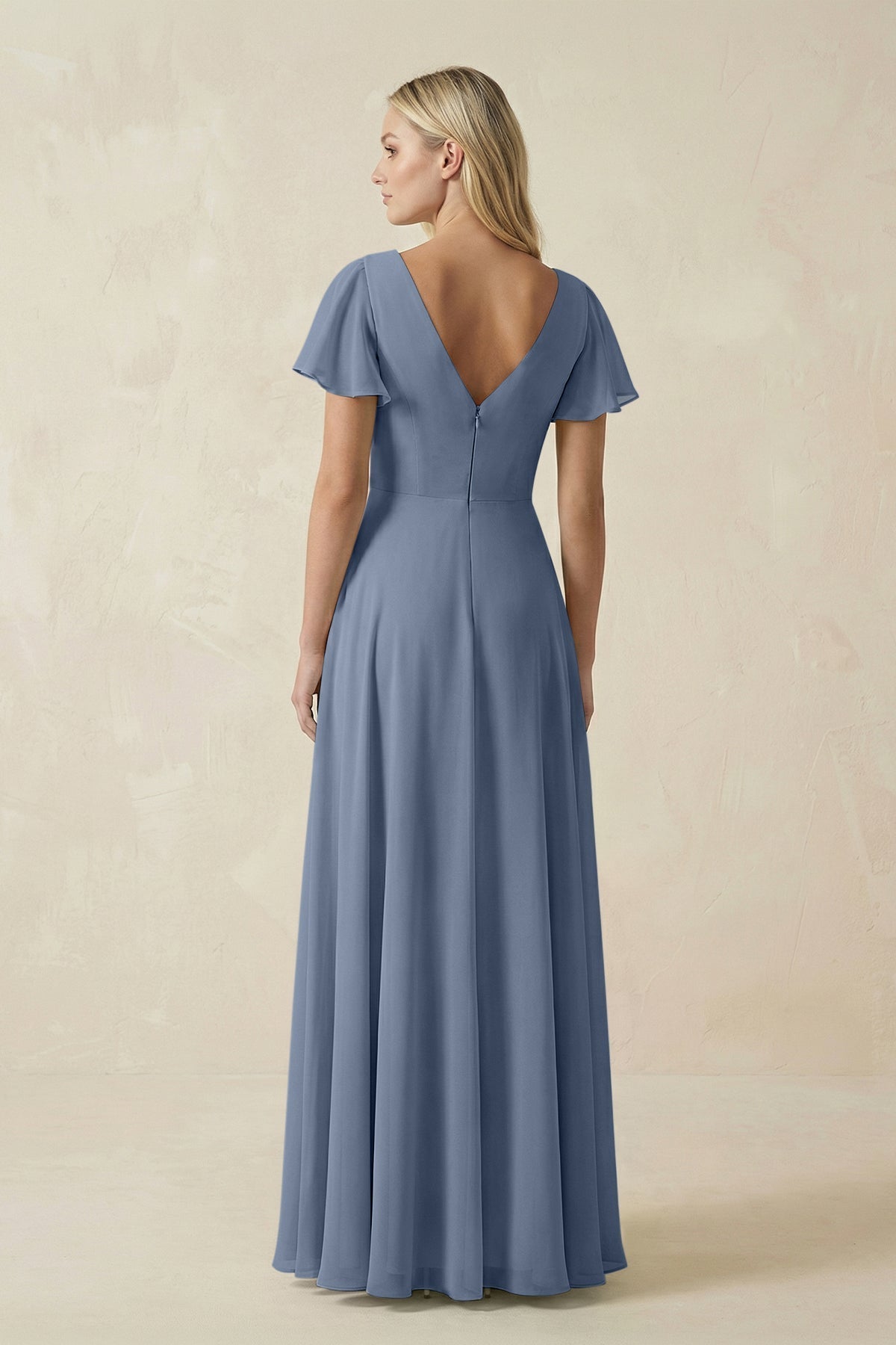 V-Neck Flutter Sleeve A-Line Chiffon Bridesmaid Dress in Neptune