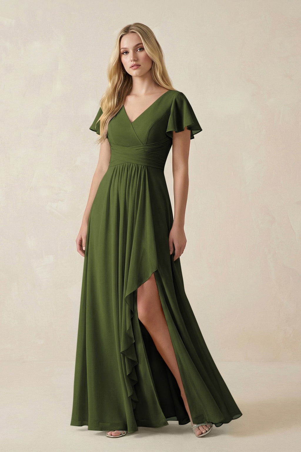 V-Neck Flutter Sleeve A-Line Chiffon Bridesmaid Dress in Olive