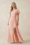 V-Neck Flutter Sleeve A-Line Chiffon Bridesmaid Dress in Rose Petal