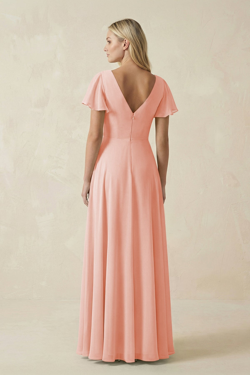 V-Neck Flutter Sleeve A-Line Chiffon Bridesmaid Dress in Rose Petal