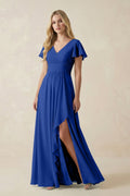 V-Neck Flutter Sleeve A-Line Chiffon Bridesmaid Dress in Royal Blue