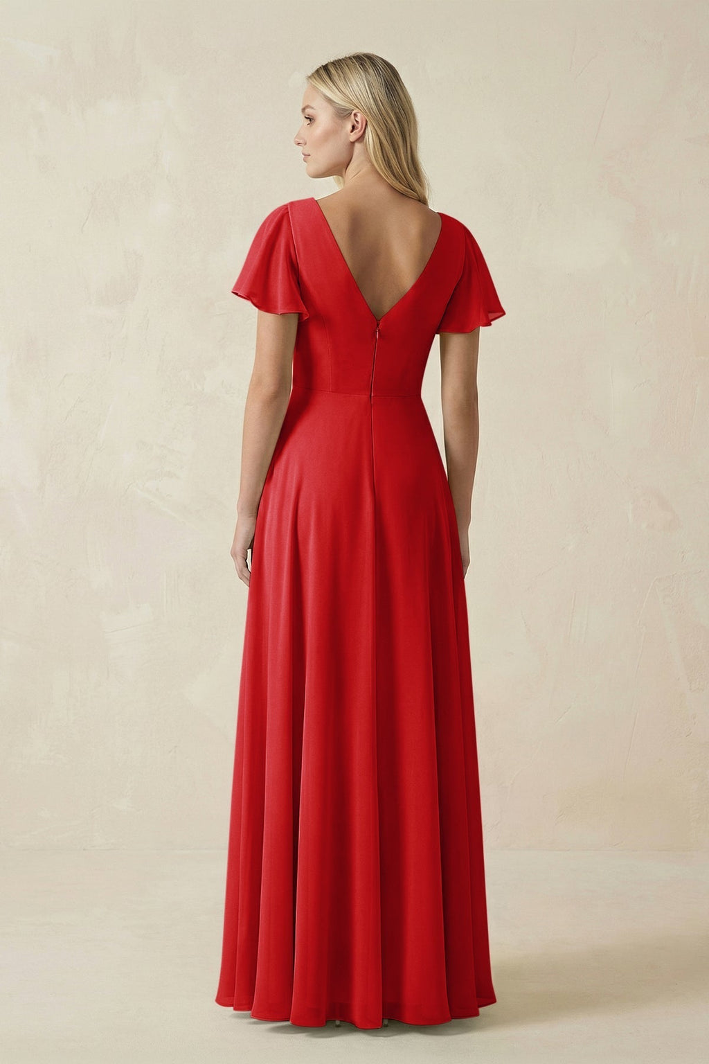 V-Neck Flutter Sleeve A-Line Chiffon Bridesmaid Dress in Ruby Red