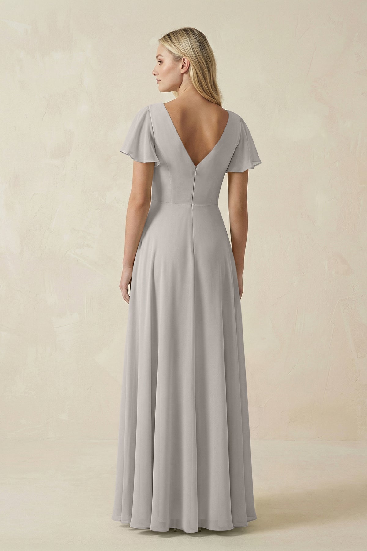 V-Neck Flutter Sleeve A-Line Chiffon Bridesmaid Dress in Silver