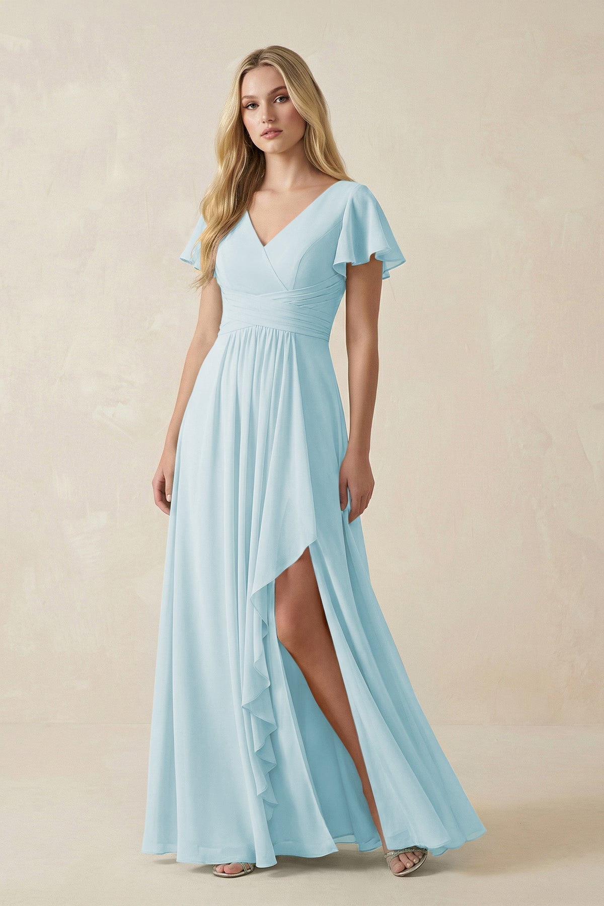 V-Neck Flutter Sleeve A-Line Chiffon Bridesmaid Dress in Sky Blue
