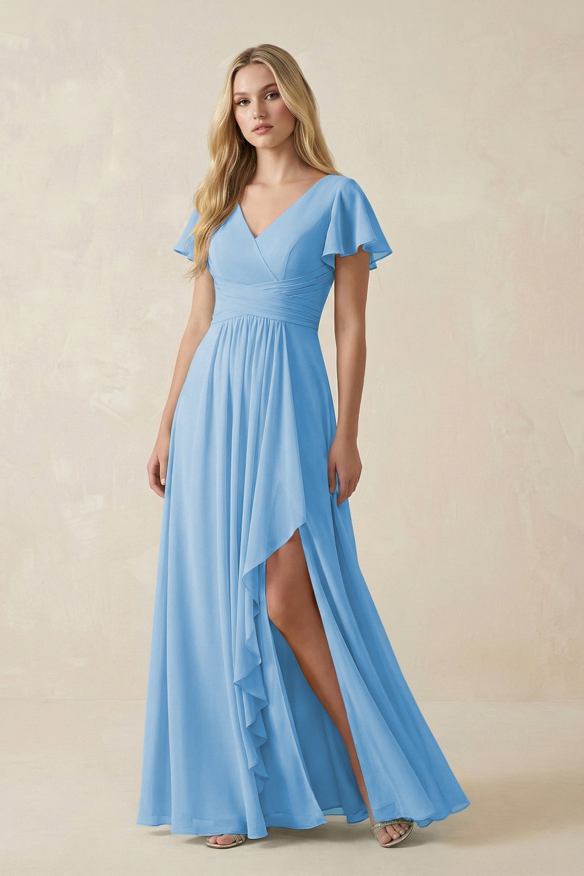 V-Neck Flutter Sleeve A-Line Chiffon Bridesmaid Dress in Steel Blue