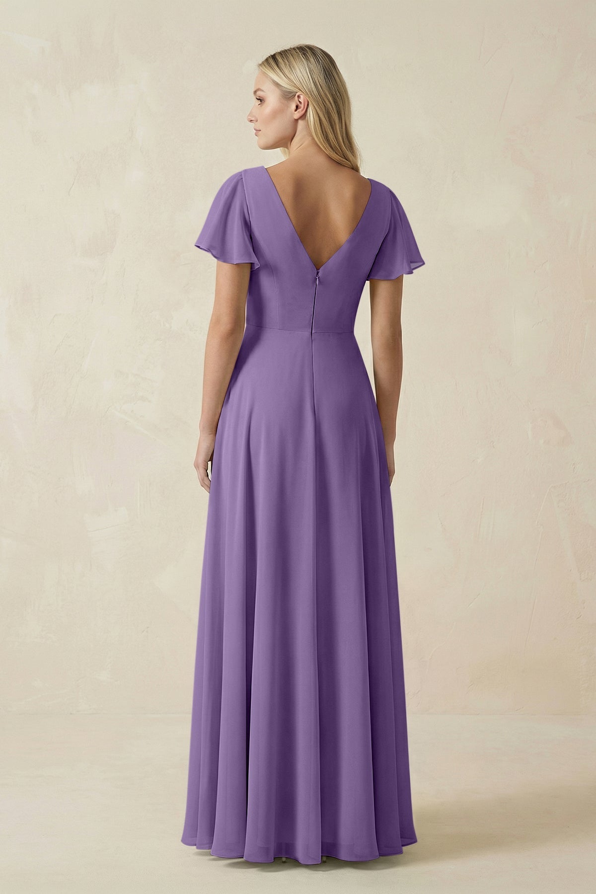 V-Neck Flutter Sleeve A-Line Chiffon Bridesmaid Dress in Tahiti