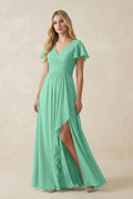 V-Neck Flutter Sleeve A-Line Chiffon Bridesmaid Dress in Turquoise