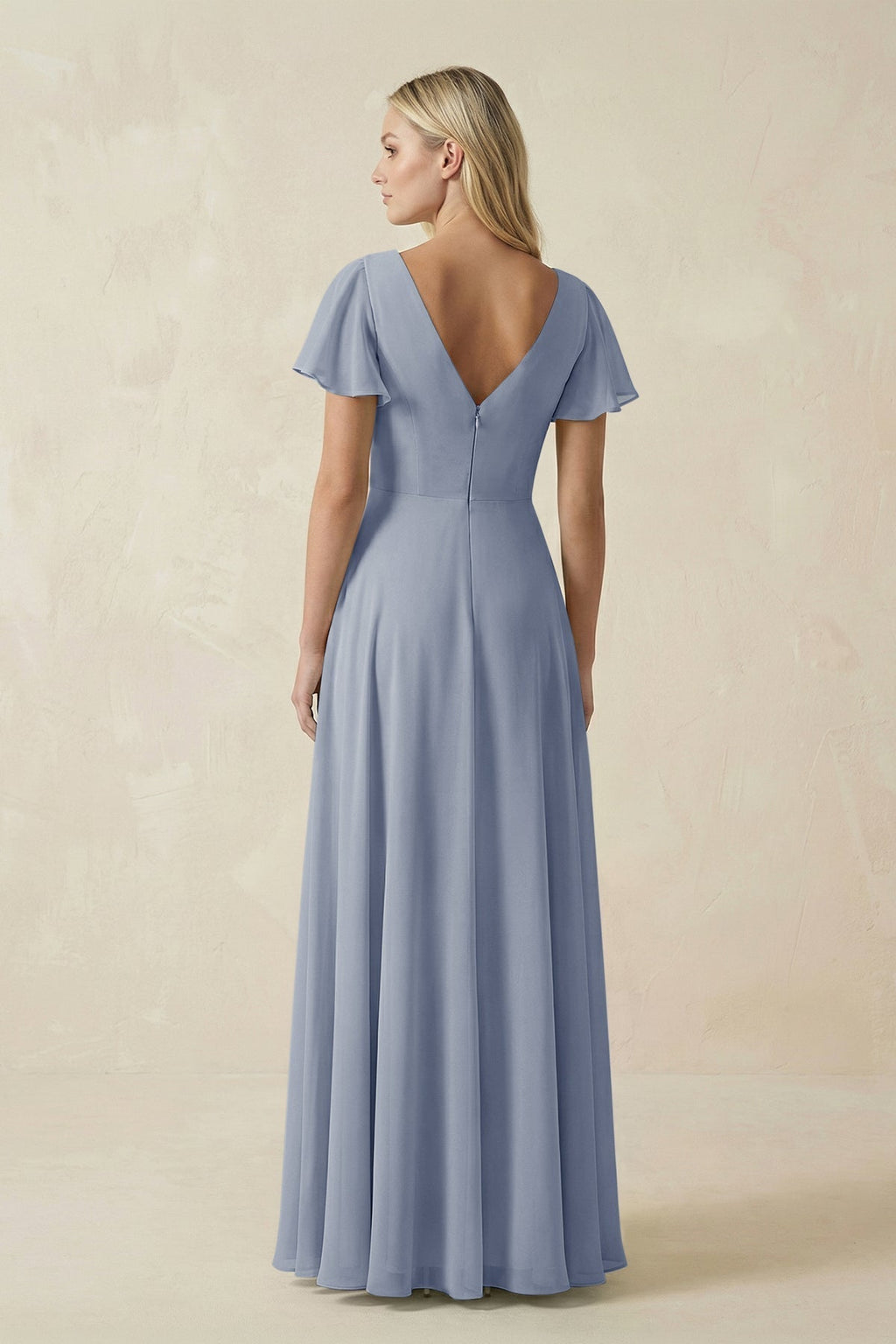 V-Neck Flutter Sleeve A-Line Chiffon Bridesmaid Dress in Twilight