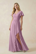 V-Neck Flutter Sleeve A-Line Chiffon Bridesmaid Dress in Wisteria