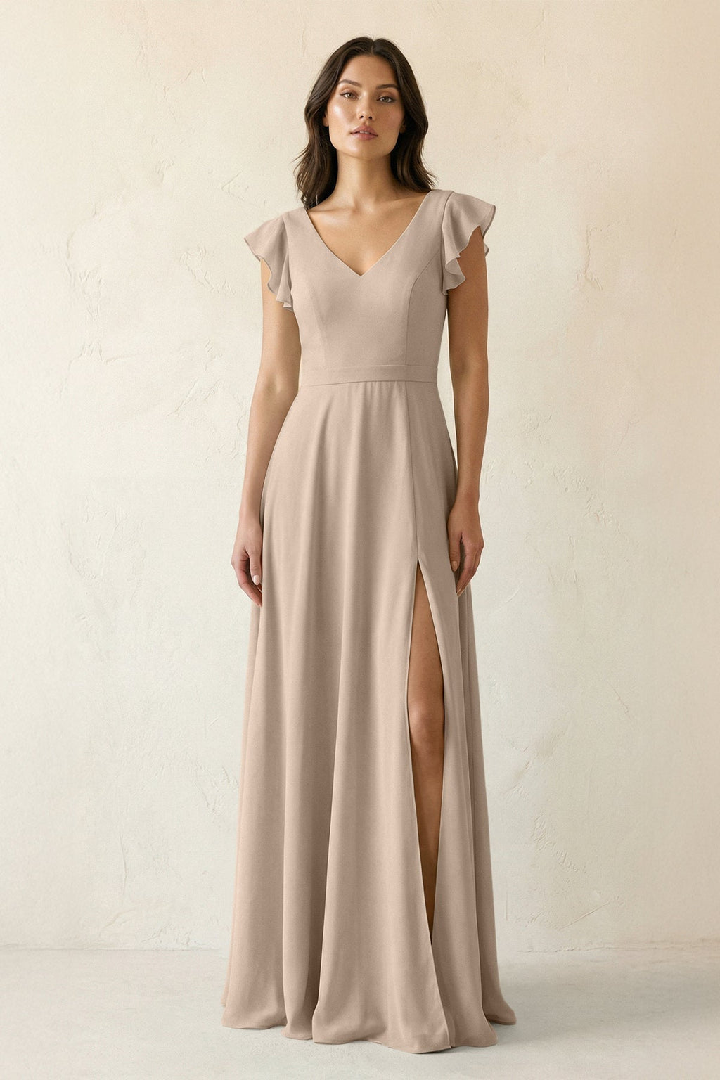 V-Neck Ruffled A-Line Chiffon Bridesmaid Dress in Almond