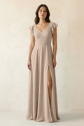 V-Neck Ruffled A-Line Chiffon Bridesmaid Dress in Almond