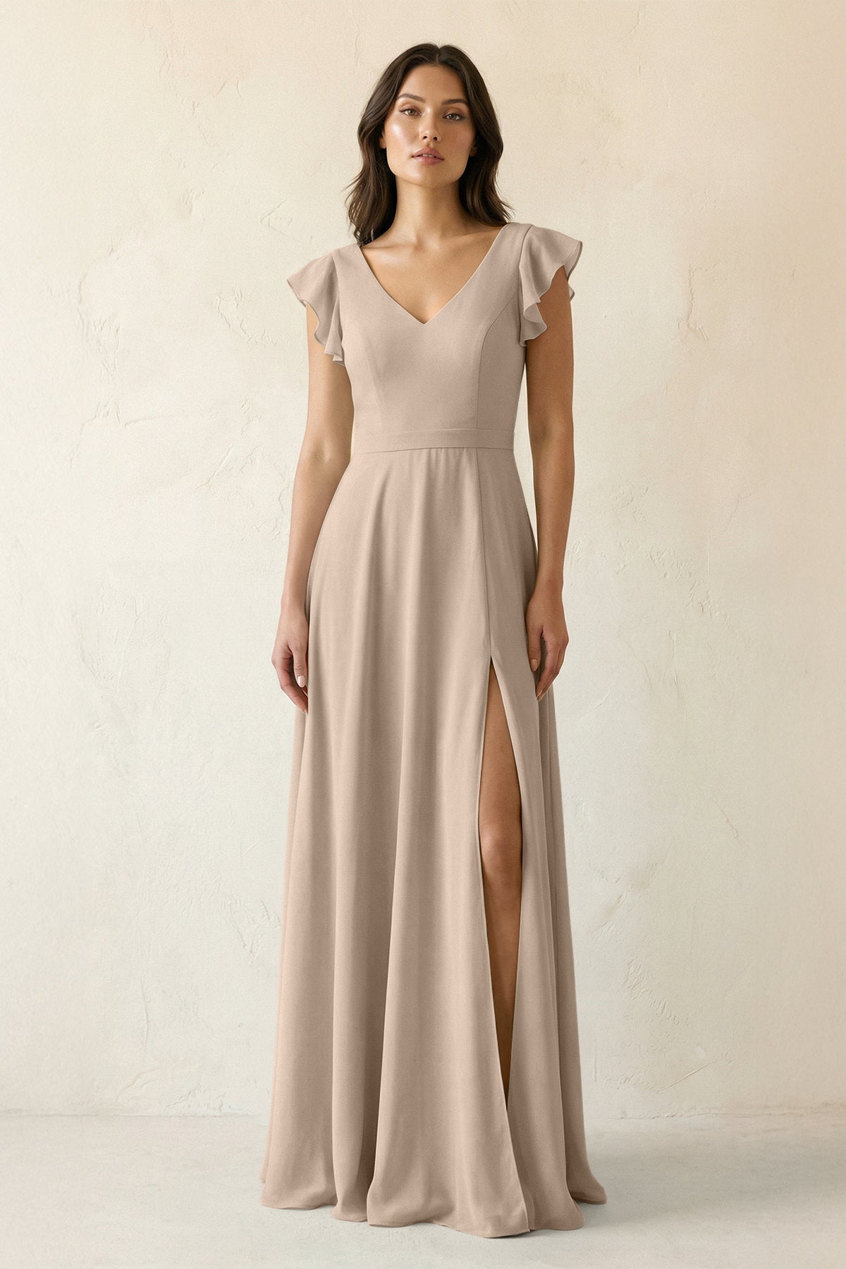 V-Neck Ruffled A-Line Chiffon Bridesmaid Dress in Almond