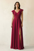 V-Neck Ruffled A-Line Chiffon Bridesmaid Dress in Berry